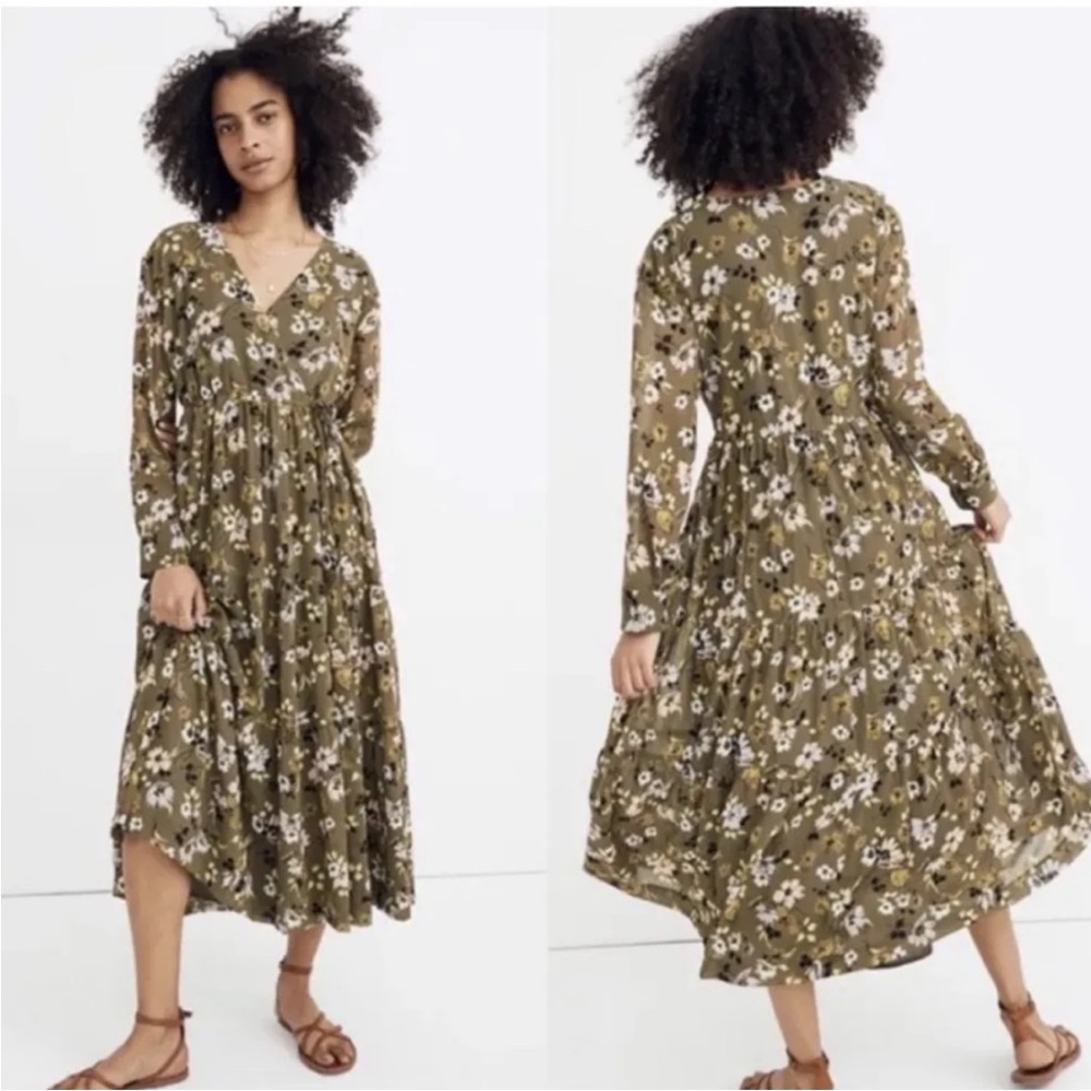 Madewell Floral Tiered Cinch Waist Midi Dress Olive Green Size Medium